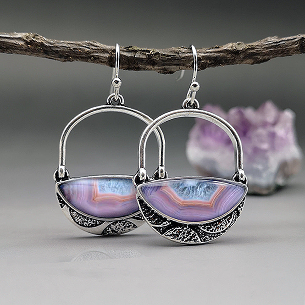 Purple Agate Sier Oxide Vintage Gemstone Earrings