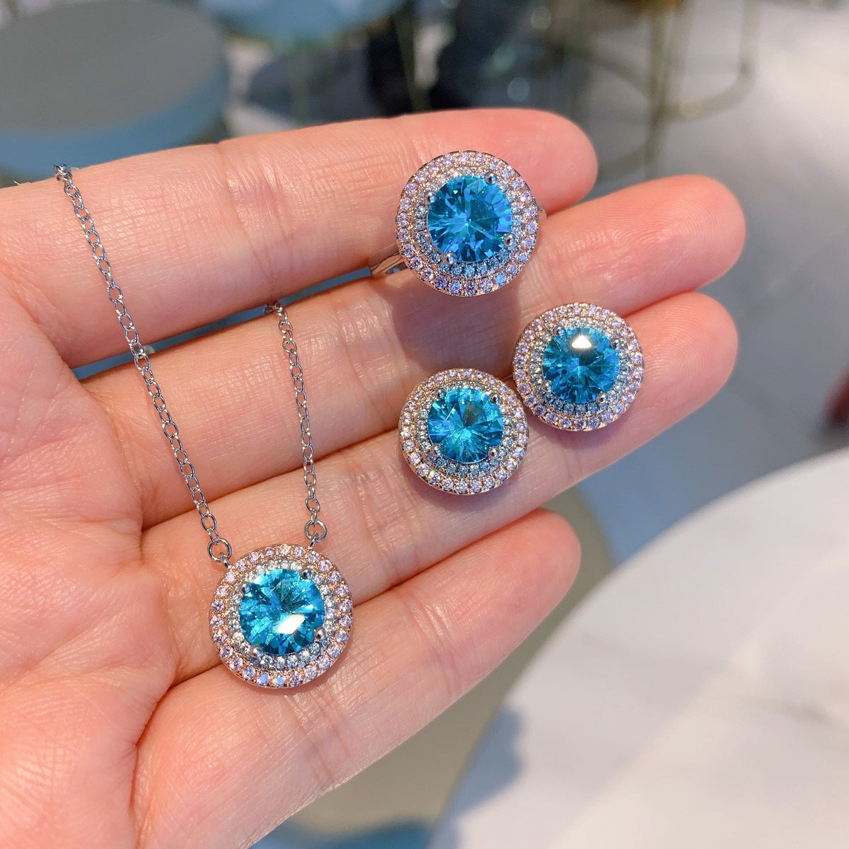 Women's Round Simulation Ocean Blue Rhinestone Simple Female Jewelry Set