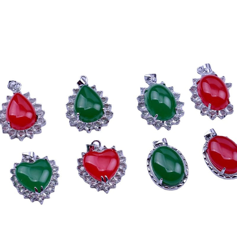 Ethnic Red Green Water Drop Chalcedony Surrounding Diamond Pendant