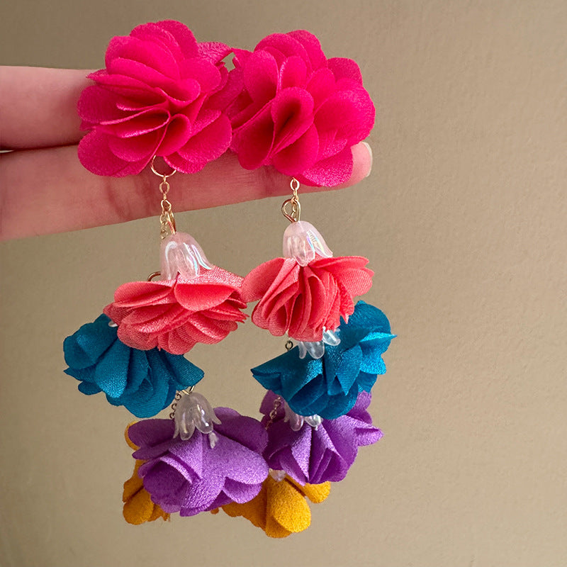 Sweet Dopamine Design Ear Temperament Colorful Fabric Flower Tassel Super Earrings