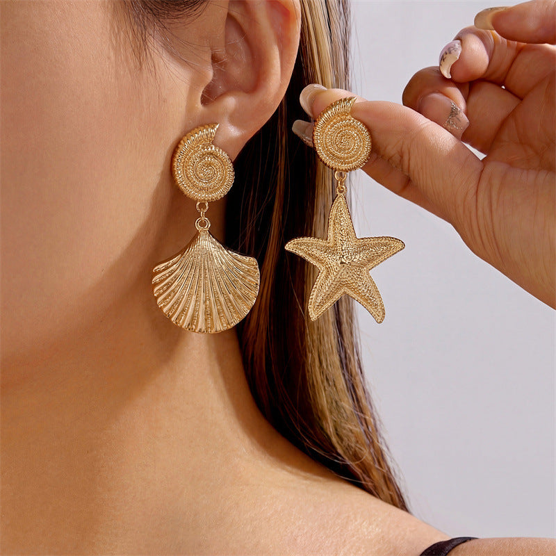 Beach Summer Seaside Starfish Conch Short Scallop Pearl Earrings