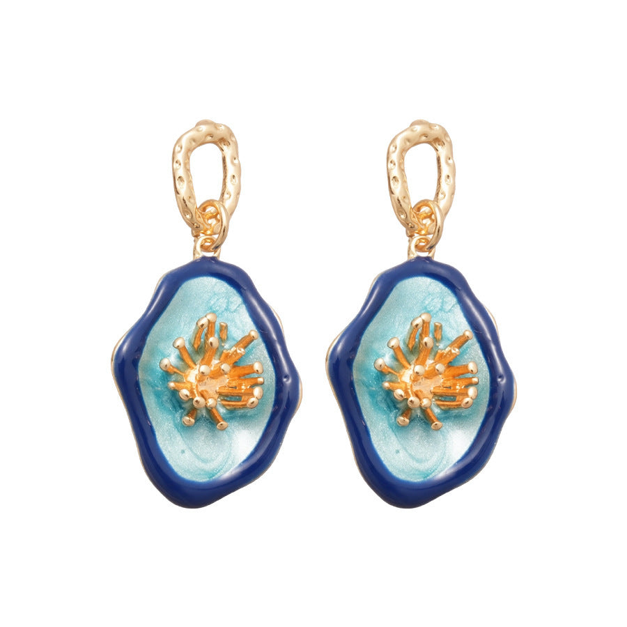 Jardin Monet Blue Glaze Flowers Pipa Pearl Chinese Retro Light Stud Earrings