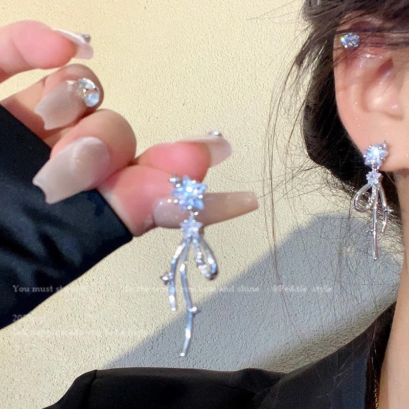 Women's Sier Needle Long Fringed Zircon For Trendy Light Earrings