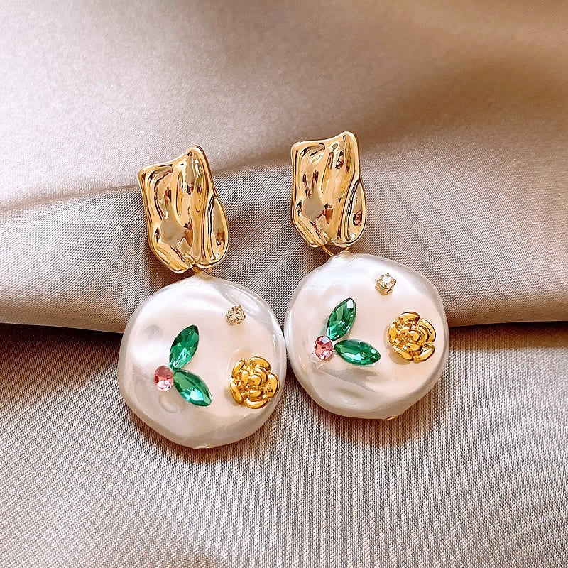 Jardin Monet Blue Glaze Flowers Pipa Pearl Chinese Retro Light Stud Earrings