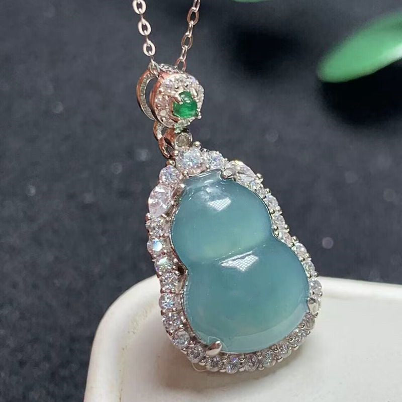 A- Level Jade Blue Water Calabash Pendent Sier Inlaid Pendant