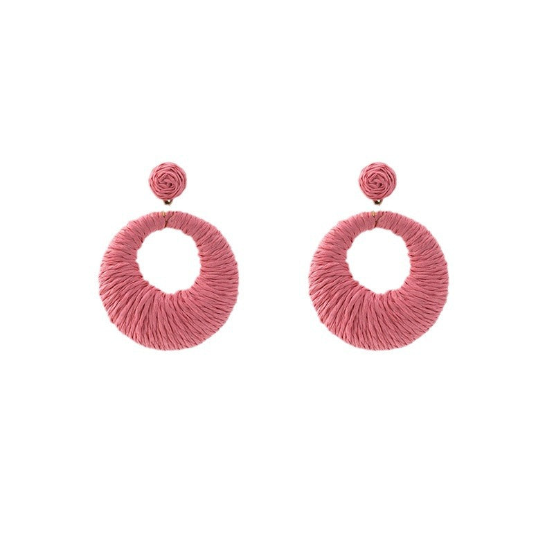 Women's Style Round Colorful Raffia Woven Hollowed Earrings