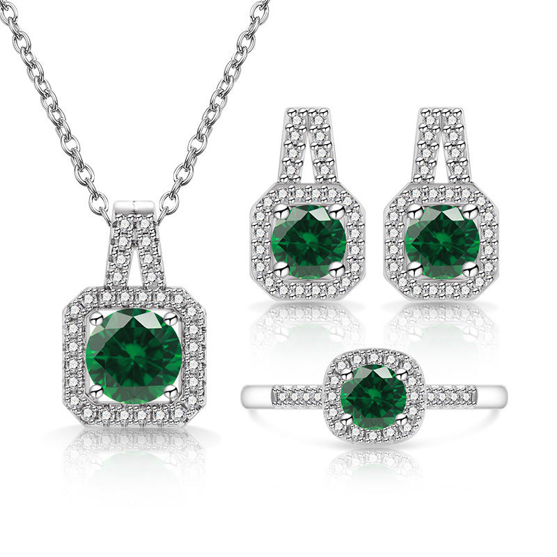 Broadcast Fashion Colored Gems Princess Square Bag Three-piece Suit Jewelry Set