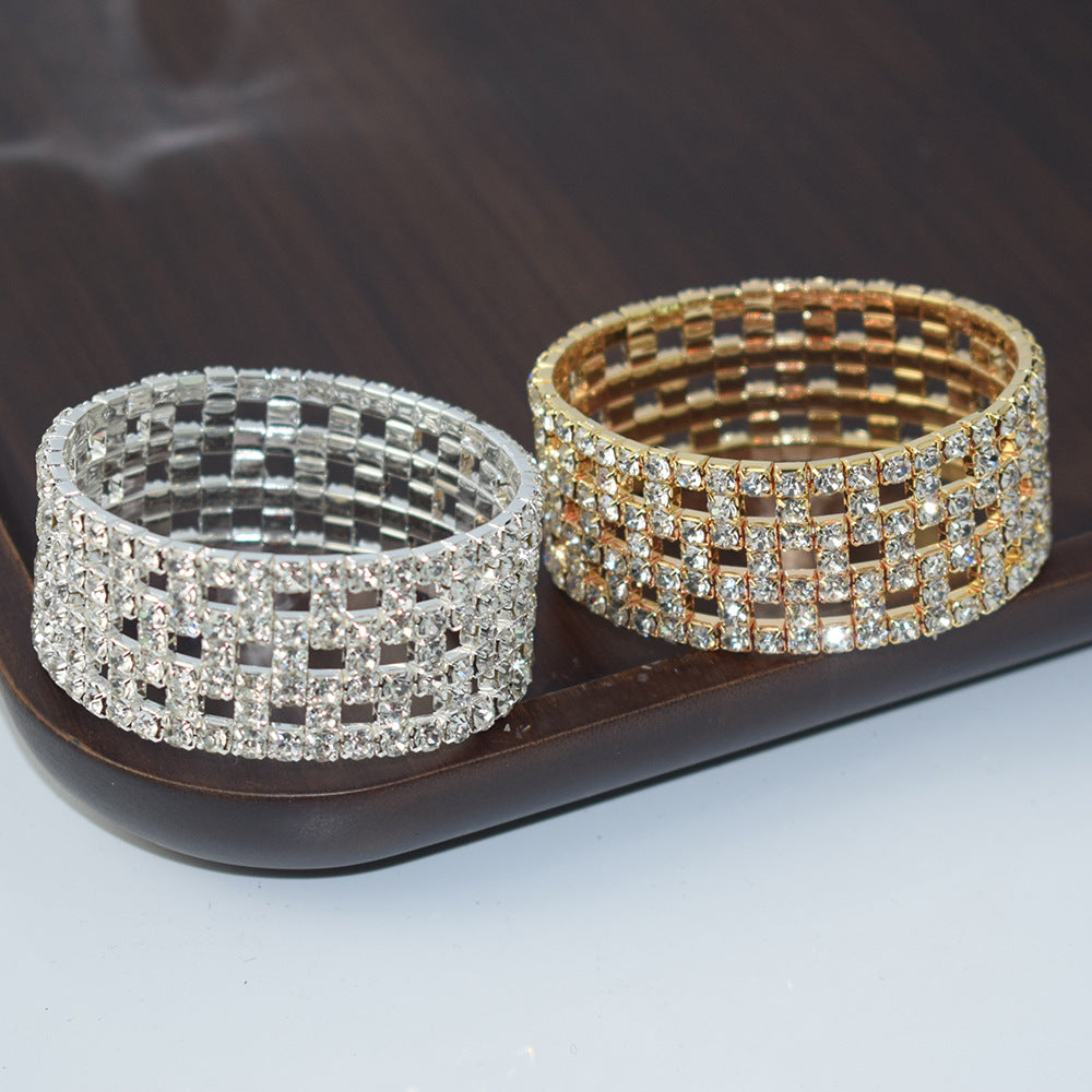 Elastic Hollow Rubber Band Full Rhinestone Exaggerated Wide Bangle Bracelets