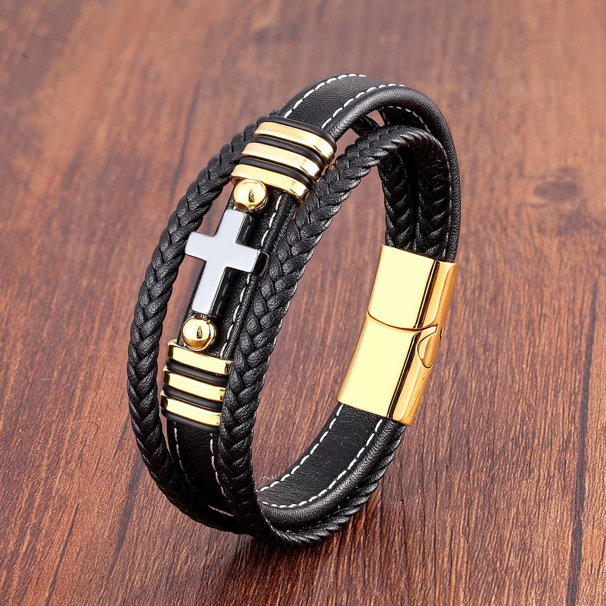 Men's Woven Leather Vintage Stone Cross Stainless Steel Bracelet