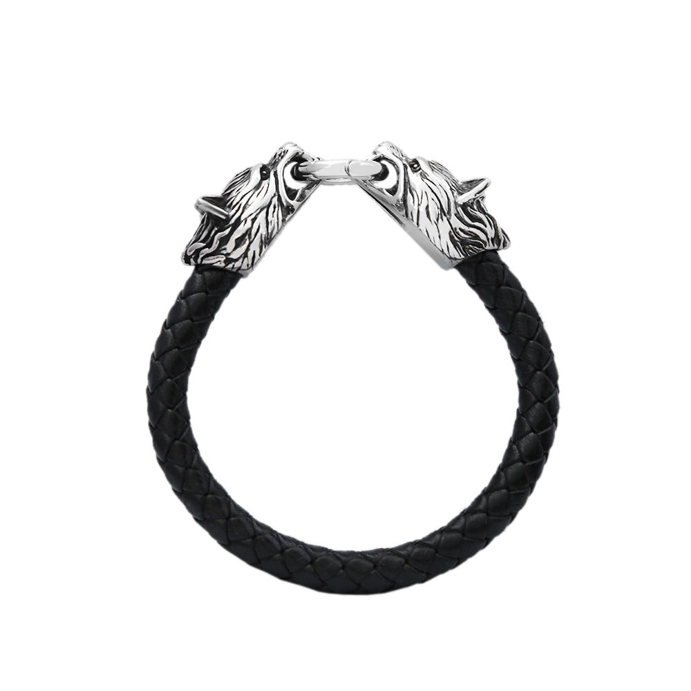 Men's Viking Titanium Steel Wolf Head Handmade Leather Cord Personalized Bracelets