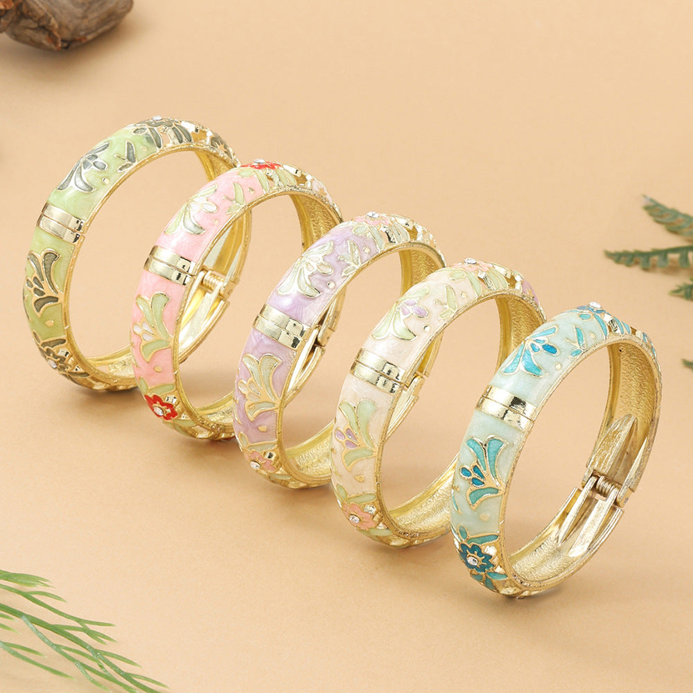 Tourist Souvenir Retro Style Flower Green Leaf Diamond Cloisonne Widened Bracelet