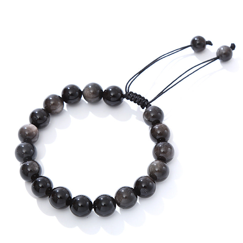 Men's Natural Sier Stone Obsidian Round Beads Bracelet