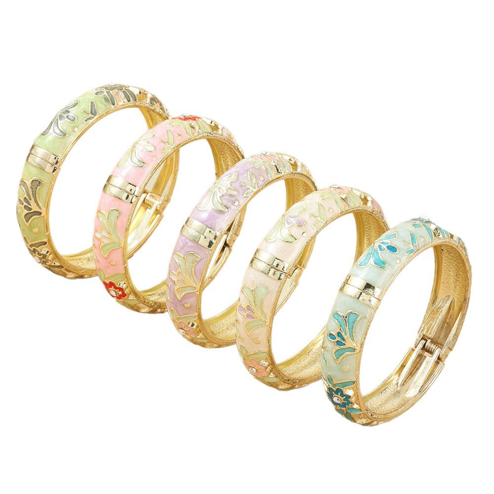 Tourist Souvenir Retro Style Flower Green Leaf Diamond Cloisonne Widened Bracelet
