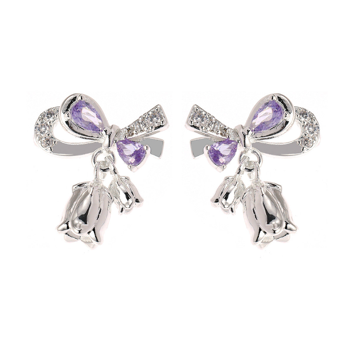 Sier Needle Light Luxury Zircon Bow Flower Niche Sweet Design Earrings