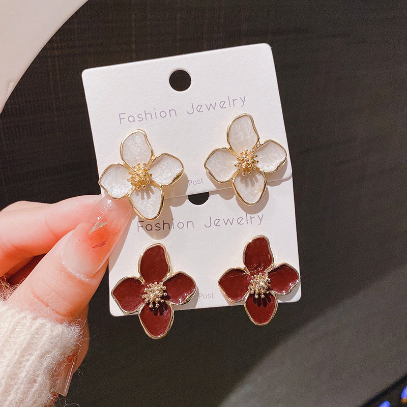 Roselle French Style Retro Drip Glazed Red Flower Three-dimensional Small Rings