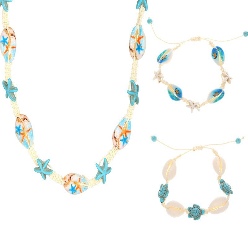 Summer Ocean Style Cartoon Shell Female Bohemian Woven Turtle Jewelry Set
