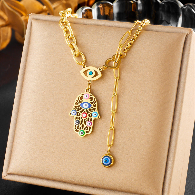 Plated Vintage Turkish Eyes Palm Stainless Steel Necklaces
