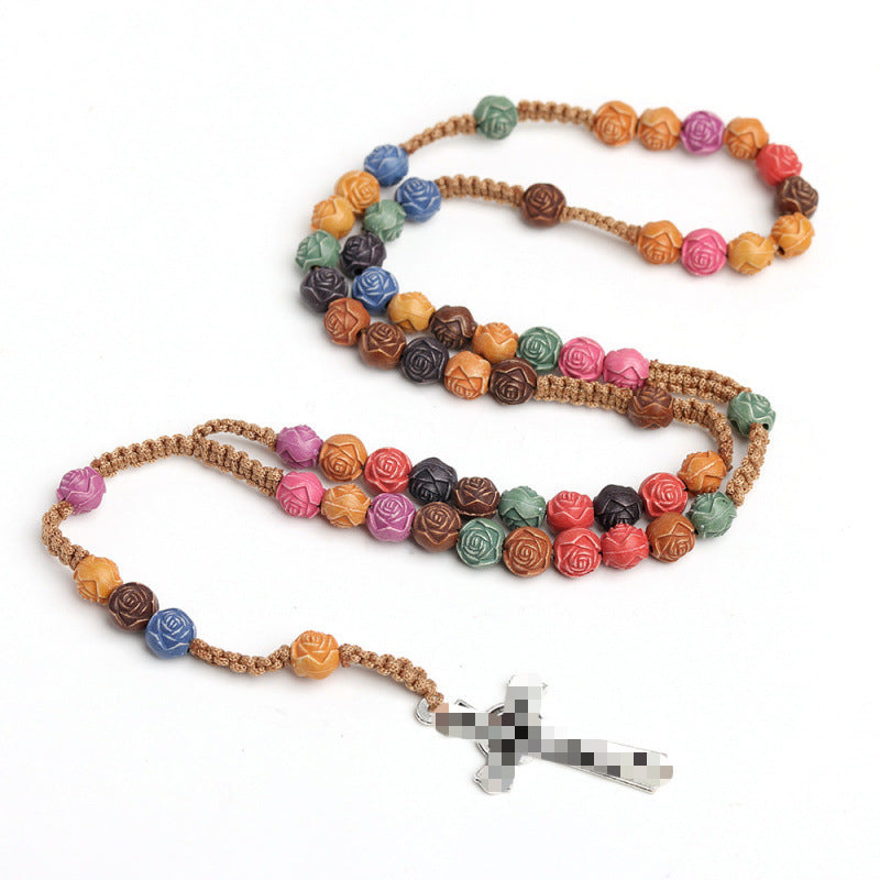Rose Color Cross Rosary Teach Beading Necklaces