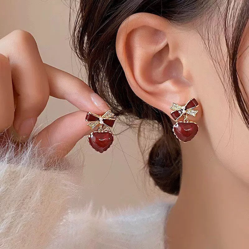 Bow Love Heart Special Interest Light Luxury Temperament Peach Stud Earrings