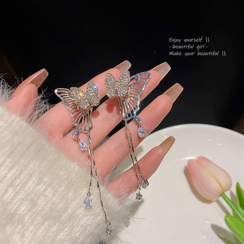 Women's Sier Needle Long Fringed Zircon For Trendy Light Earrings