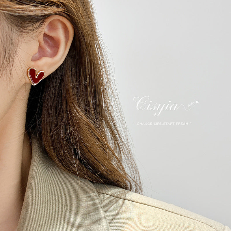 Women's Glazed Love Heart Style Temperamental Minority High-grade Ear Retro Small Rings
