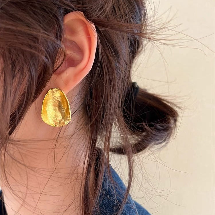 Texture Sier Needle Irregular Round Piece Ear Light Luxury Minority Earrings