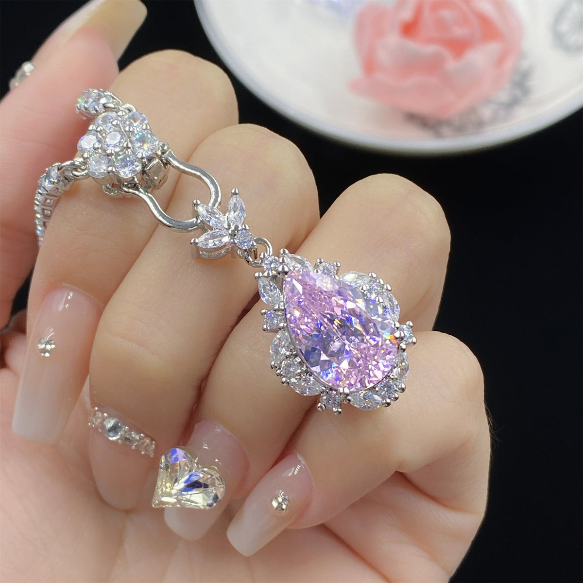 Pink Zircon Comparable To Ice Flower Drop-shaped Pendant