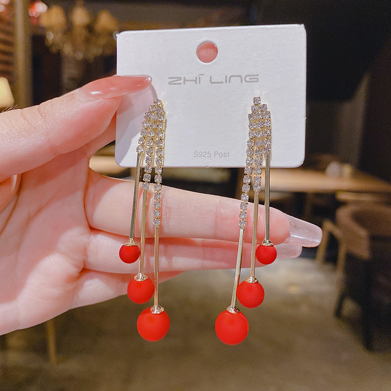 Sier Needle Red Pearl Tassel Eardrops Female Fashion Long Rings