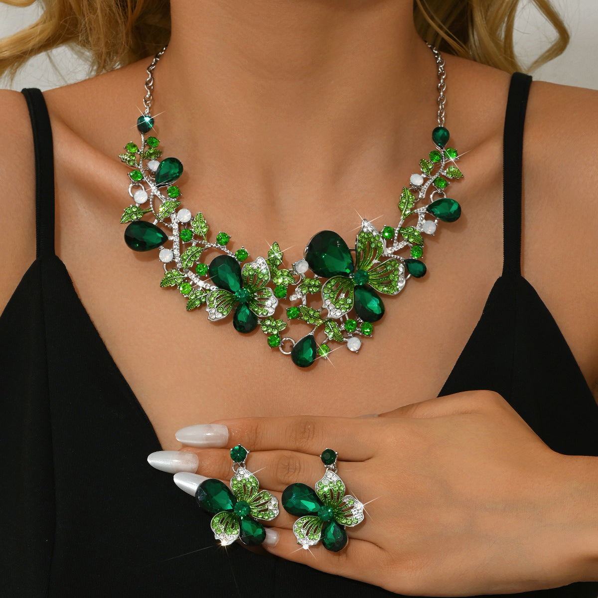 Bridal Wedding Suite Alloy Green Rhinestone Luxury Jewelry Set