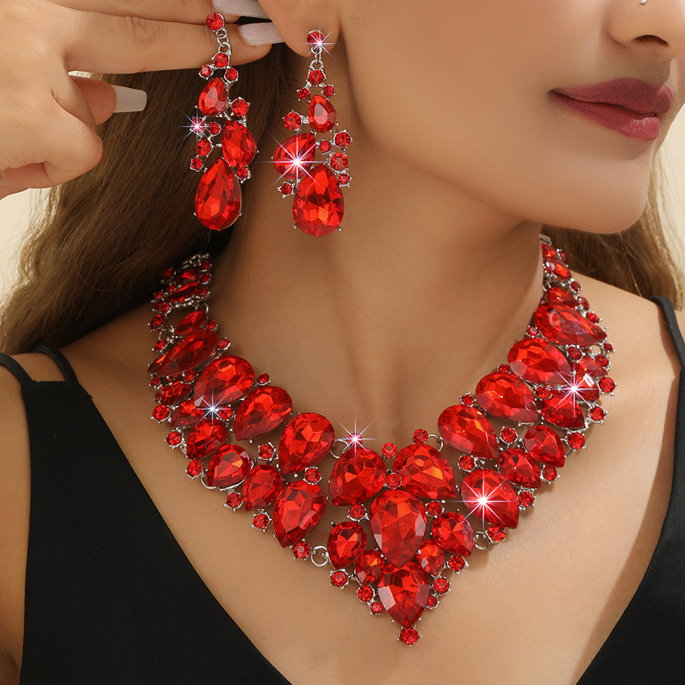 Women's High Profile Generous Red Crystal Suite Bridal Wedding Necklaces