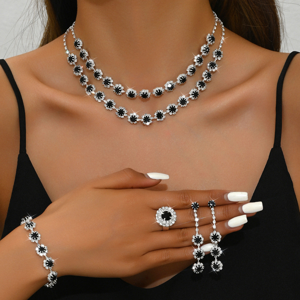Wedding Double Layer Sunflower Diamond Suite Jewelry Set