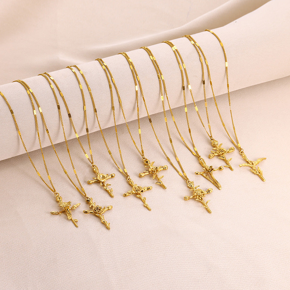Gold-plated December Flower Three-dimensional Birthday Cross Holiday Necklace