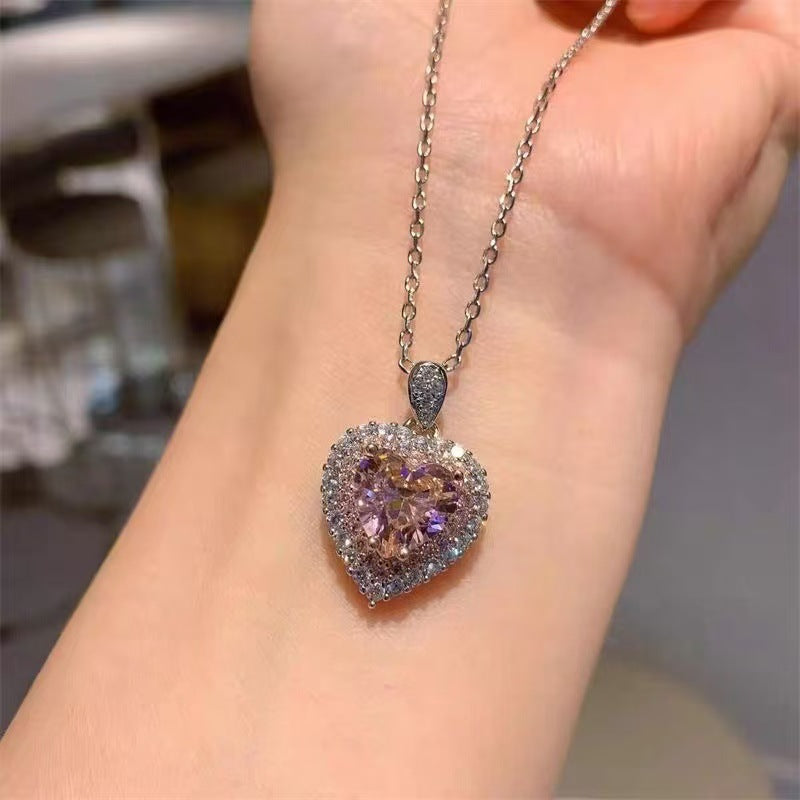 Colored Gems Pink Love Open Female Clavicle Chain Gift Live Jewelry Set