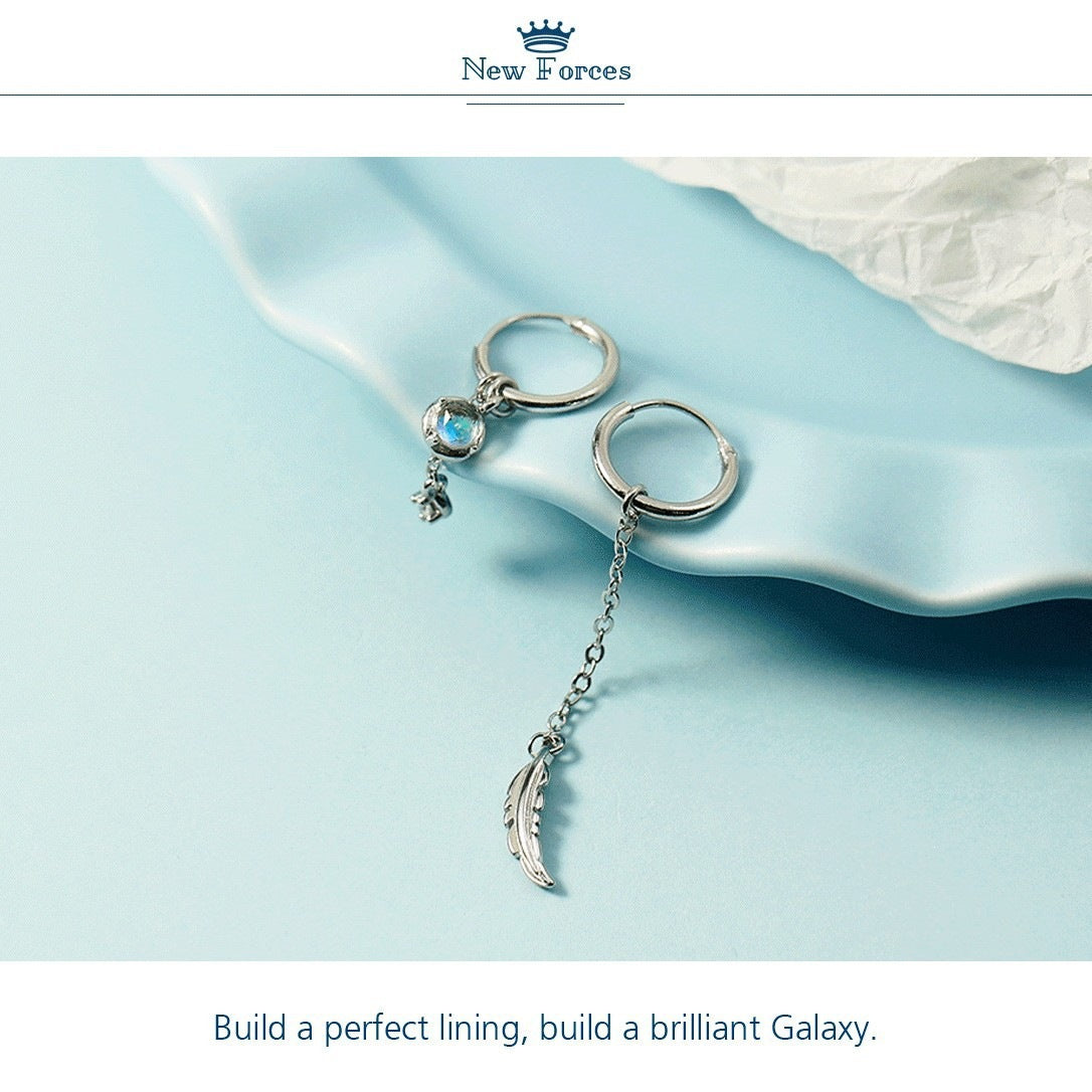 Female Asymmetric Feather Moonstone Ear Clip Special Interest Light Luxury Earrings