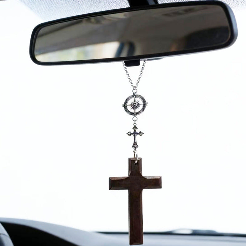 Retro Handmade Double Alloy Wood Cross Boys Long Sweater Chain Pendants