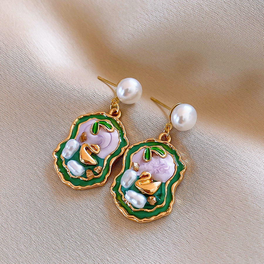 Jardin Monet Blue Glaze Flowers Pipa Pearl Chinese Retro Light Stud Earrings