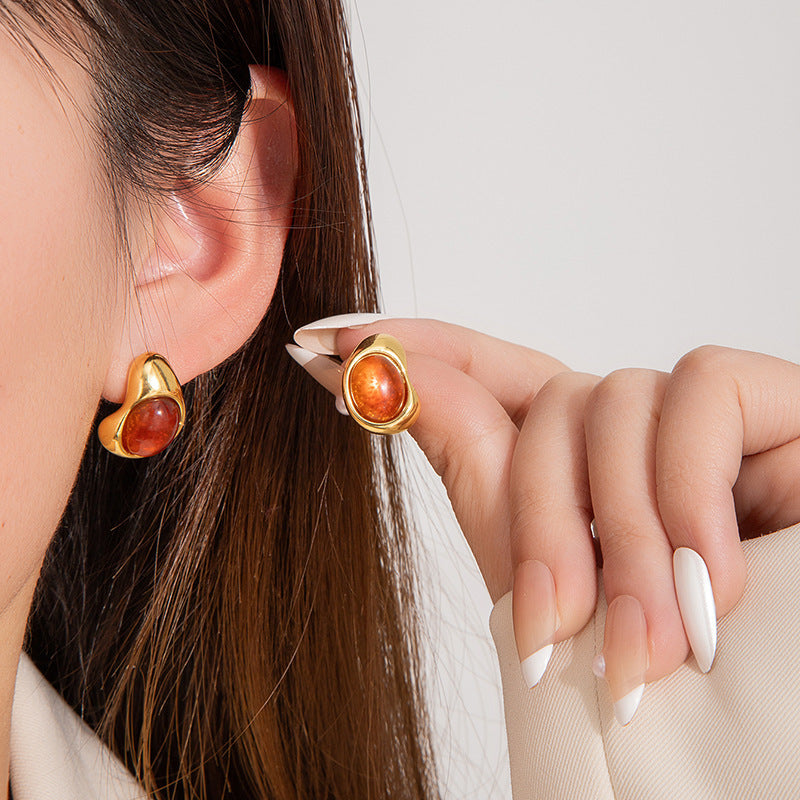 Women's Simple Stainless Steel Amber Round Temperamental Minority Stud Earrings