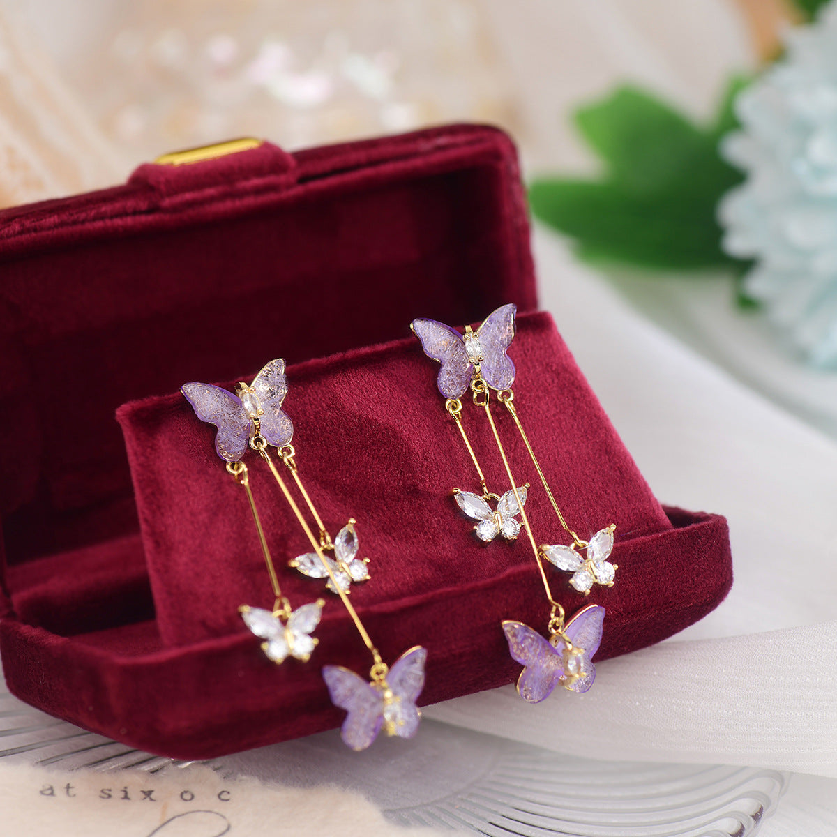 Graceful Tassel Purple Wings Zircon Fairy Delicate Light Stud Earrings