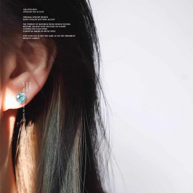 Women's Natural Glacier Paraiba Sterling Sier Ice Flower Rose Cut Ear Stud Earrings