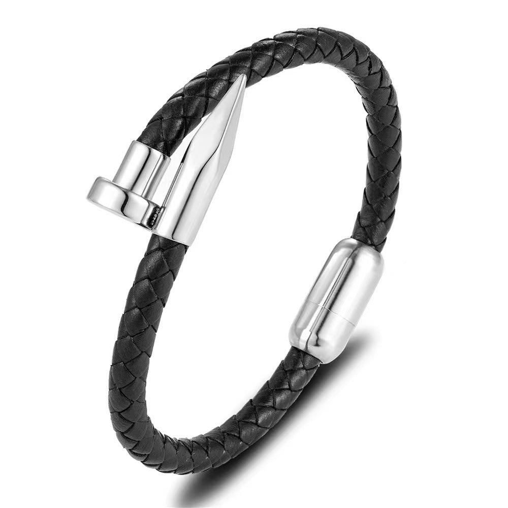 Men's Nail Head Woven Cowhide Stainless Steel Simple Black Bracelet