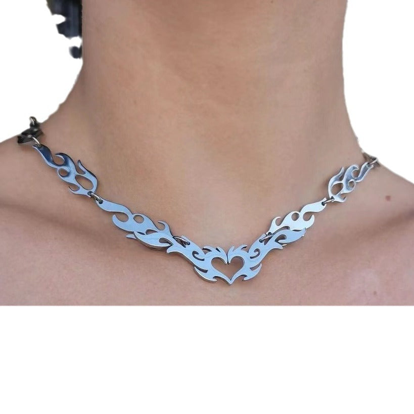 Fashion Punk Hollow Heart Hip Hop Flame Necklace