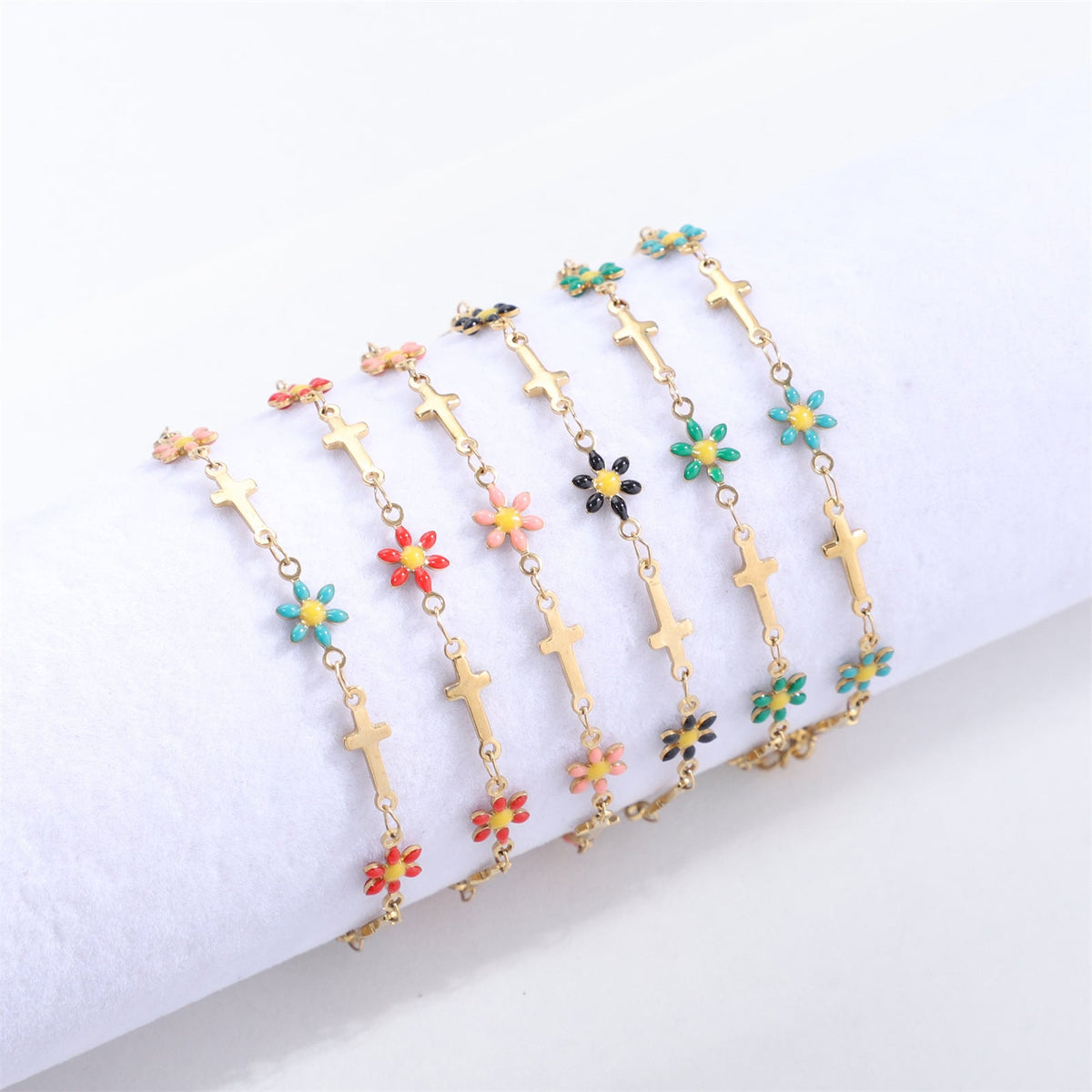 Gold Gaanized Enamel Colorful Oil Cross Chrysanthemum Unique Fashion Stainless Bracelet