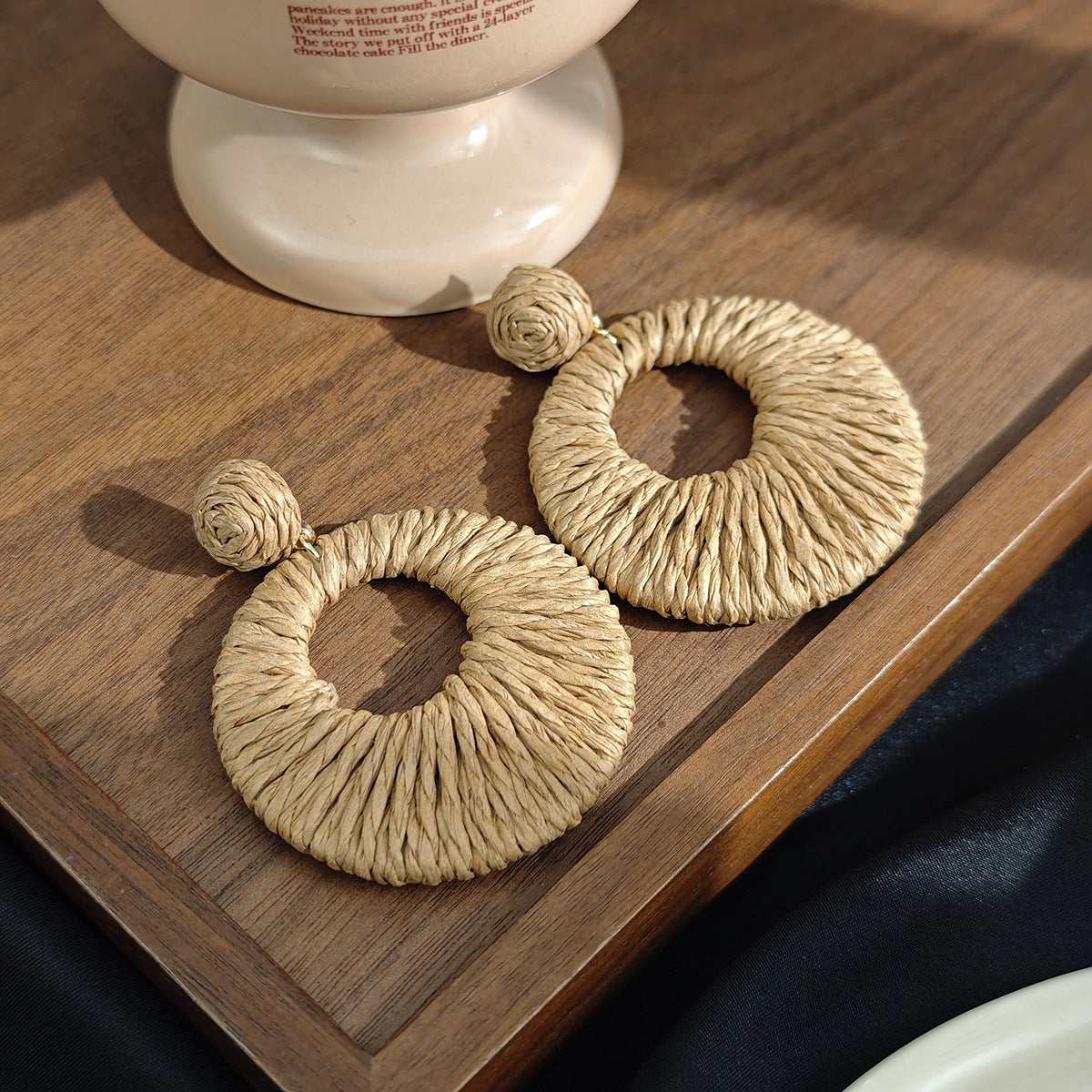 Women's Style Round Colorful Raffia Woven Hollowed Earrings