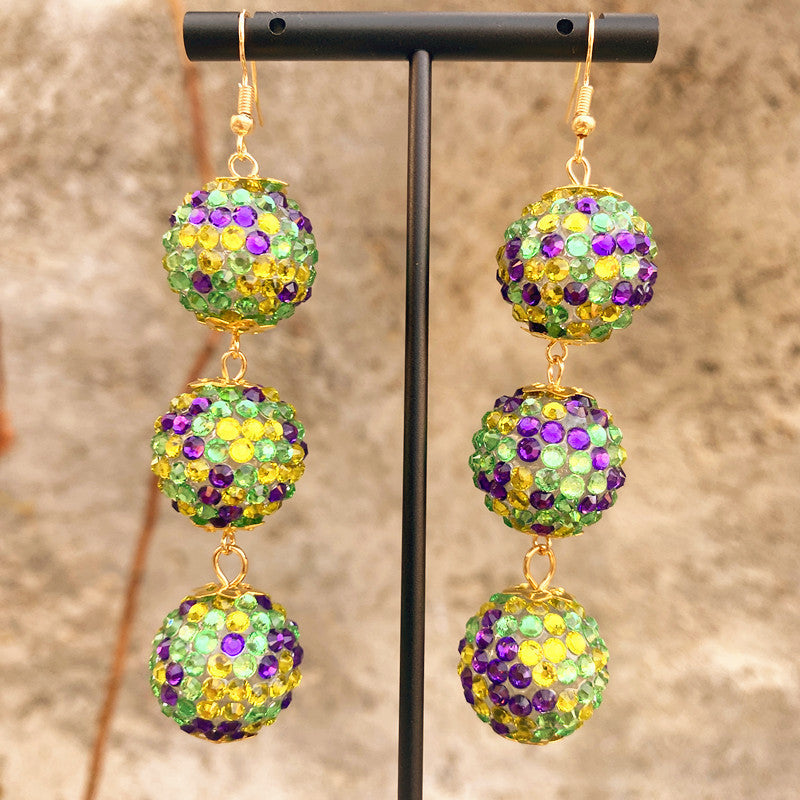 Purple Yellow Green Various Materials Ear Tassel Sequins Rhinestone Ball Earrings