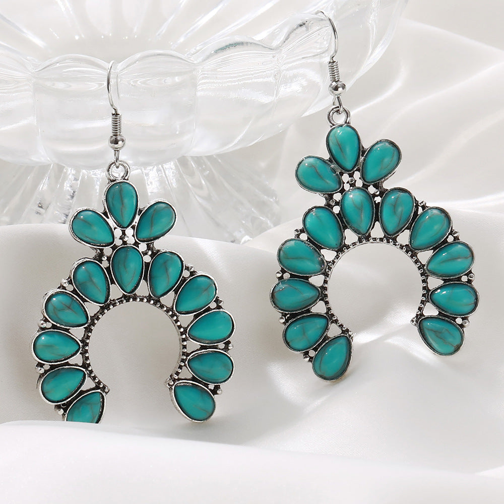 Retro Personalized Fan-shaped Hollow Turquoise Eardrops Rings
