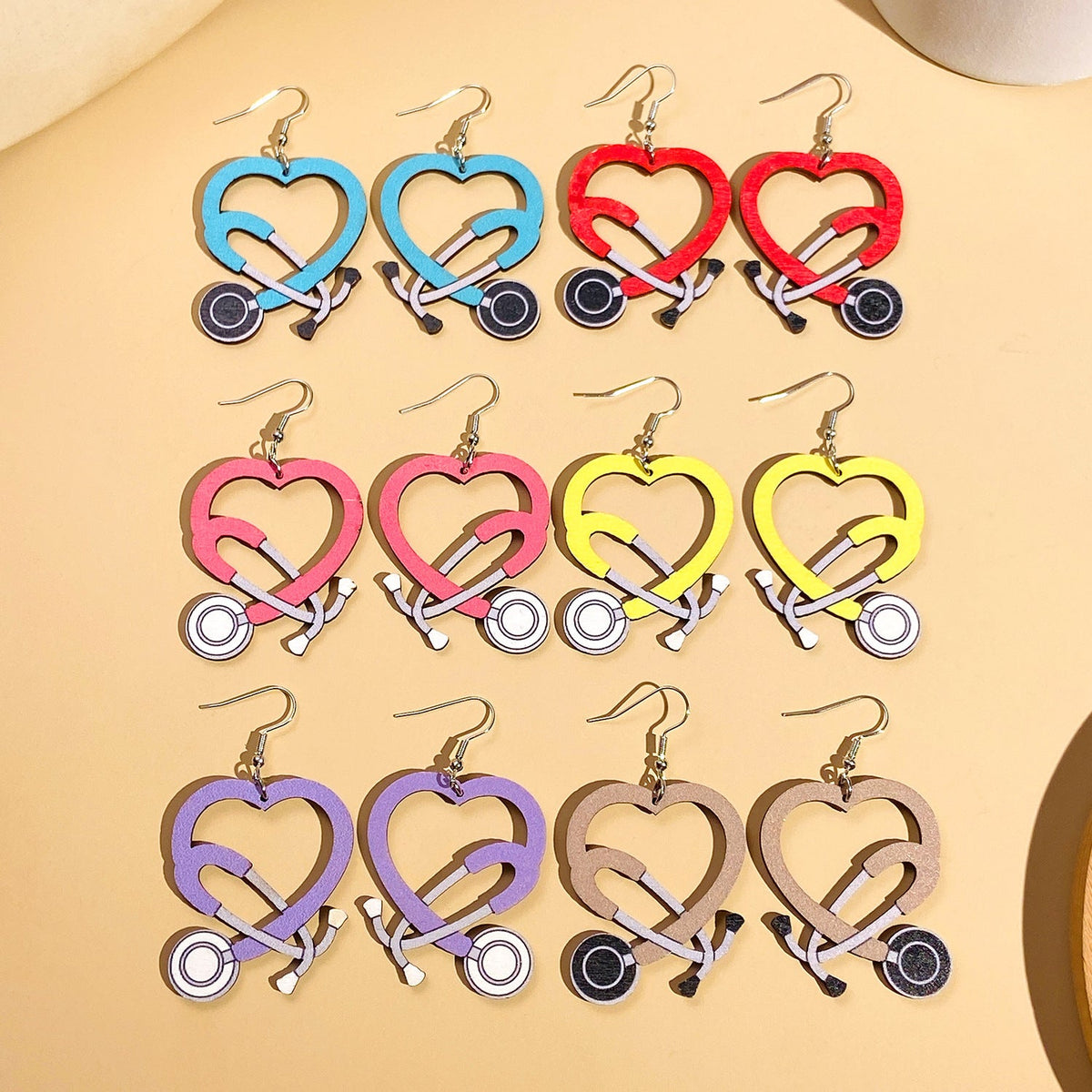 Nurse Medical Color Stethoscope Modeling Wooden Earrings