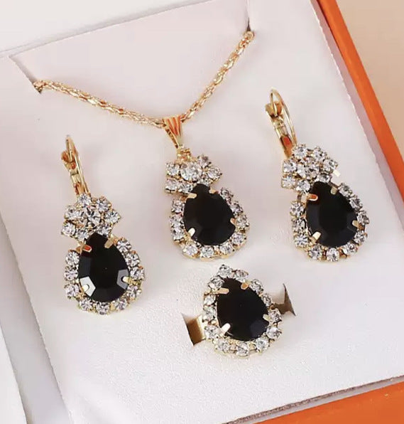 New Water Drop Heart-shaped Three-piece Jeweled Earrings