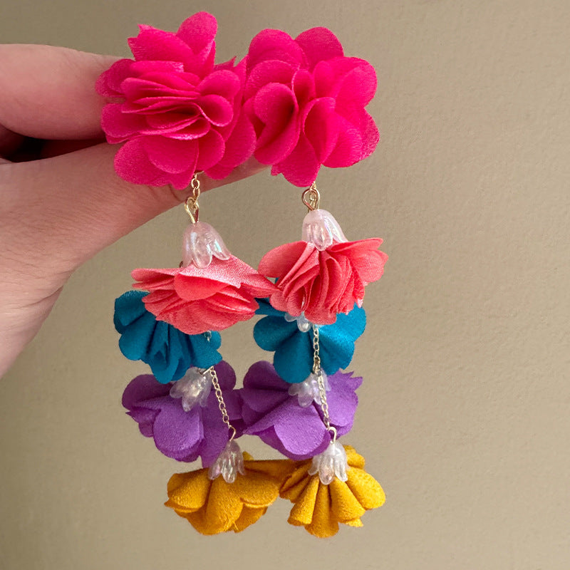 Sweet Dopamine Design Ear Temperament Colorful Fabric Flower Tassel Super Earrings