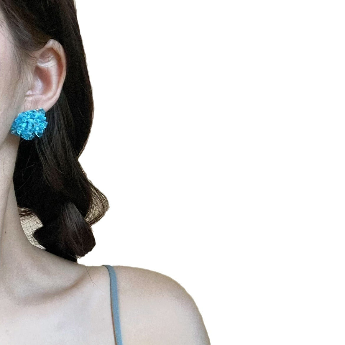 Summer Cool Blue Hydrangea Beaded Fashionable Elegant White Handmade Niche Stud Earrings