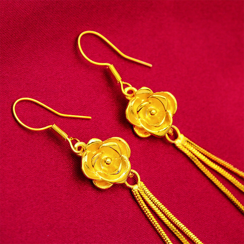 Women's Long Fringe Elegant Vietnam Placer Gold Earrings